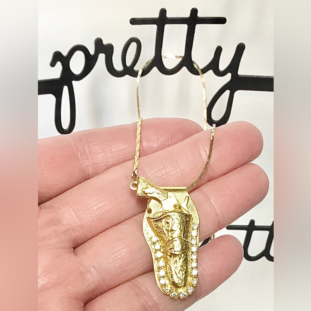 Unique Vintage Gold Tone Costume Pistol Holster with Rhinestones Necklace